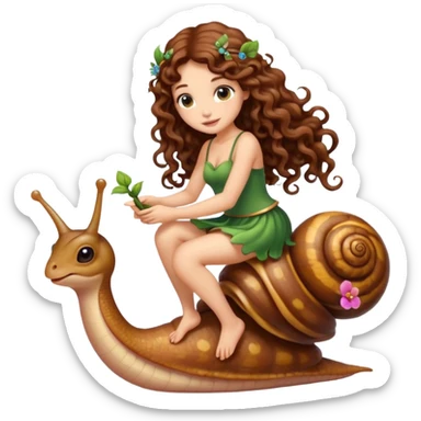 cute fairy woman long curly brown hair tattoos riding tiny snail sticker