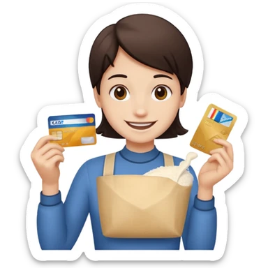 Happy face with credit card in hand and a bit flour sticker