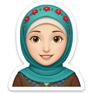 Turkish beautiful finish Konya girl brown eyes white skin with red blue green mini flowers hijab and brown islamic dress and smiles sticker