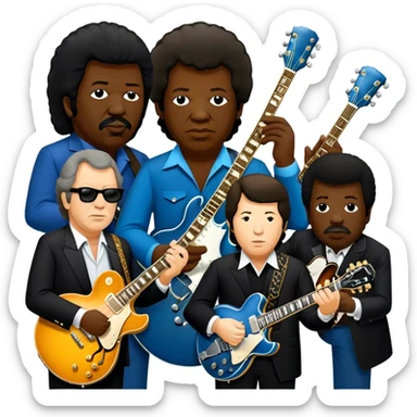 Icon for Blues Music: close-up collage of legendary blues artists. Gary Moore, Eric Clapton, B.B. King and Joe Cocker. Represented by silhouettes or symbolic items like guitars, microphones, or music notes, reflecting the soulful energy of blues music. Transparent background. sticker
