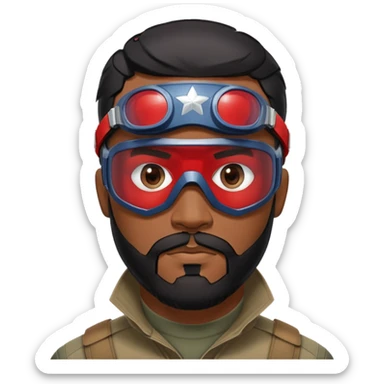 sam wilson with a close to the scalp black hair  and  a well-groomed beard that connects to his mustache,  wear sleek, red-tinted tactical goggles fit snugly from captain america: civil war sticker