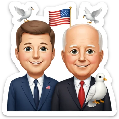 John F. Kennedy and Mikhail Gorbachev side by side, smiling, friendly diplomatic atmosphere, small peace symbols and doves, US and USSR flags as accents sticker