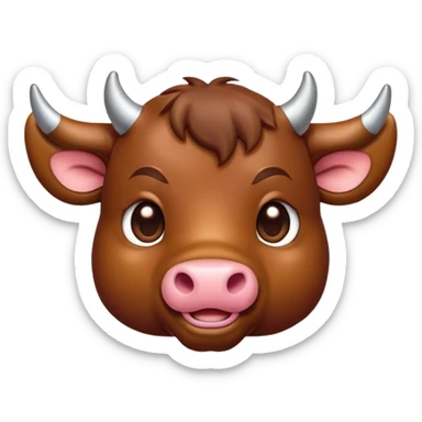 Cinematic Cute Brown Bull Portrait Emoji, Head tilted playfully and inquisitively, featuring a glossy, robust brown hide with a natural sheen, round, sparkling dark eyes filled with gentle curiosity, Simplified yet irresistibly adorable features, highly detailed, glowing with a warm, friendly glow, high shine, affectionate and imposing, stylized with a touch of rugged charm, bright and endearing, soft glowing outline, capturing the essence of a mischievous yet loving bull, so playful it feels like it could stomp out of the screen and into your arms! sticker