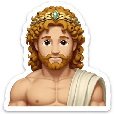 Cinematic Realistic Hercules Portrait, head tilted dramatically with an exaggeratedly amused expression, blending the fierce valor of the Hercules with the classic elegance of Michelangelo's David. His light tan skin and thick, curly, golden brown hair, rendered with meticulous classical detail, frame a face of heroic determination and playful charm. Clad in a gracefully draped white robe adorned with subtle golden embellishments and accented by a distinguished Greek laurel wreath, dynamic lighting accentuates both his formidable physical power and his approachable, spirited demeanor. sticker