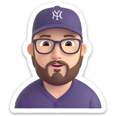 adventurer with goatee beard (no beard on cheeks), short hair, glasses and backwards baseball cap sticker