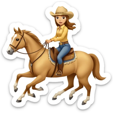 yellow palomino horse running with 4 legs a woman rider with brown hair and a cowboy hat sticker