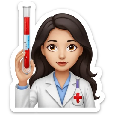 Una chica de laboratorio clínico químico con ojos negro cabello oscuro ondulado raya en medio tez media con bata de científica con ojos negros, cabello negro largo ondulado con raya en medio ondulado largo con muestras de sangre en reactivos sticker