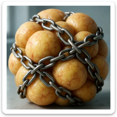 hyper realistic 4K clustered adipocytes wrapped in chains, cellular details, clinical atmosphere, natural light sticker
