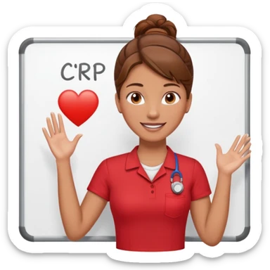Happy instructor female brown hair whit board hair up red shirt add CPR to white board sticker