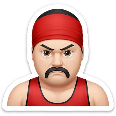 White skin fat guy with prominent black durag, short black beard, black eyes in a red and black wrestling singlet with angry face sticker