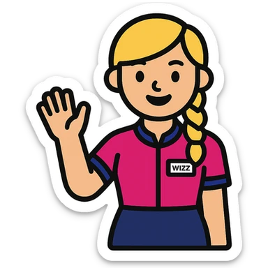 friendly stylized cartoon emoji of a Wizz Air flight attendant smiling and waving, blonde side braid, vivid pink shirt with blue accents, dark navy skirt, visible name tag, upright posture, welcoming gesture, flat design style, using actual uniform, hair, and skin colors from reference photo, transparent background sticker