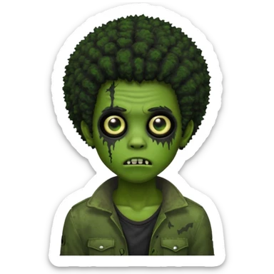 green boy, zombie, black 4c textured hair, afro, emo, shaggy, dark, spooky, creepy expression emoji. sticker