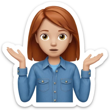 shrugging emoji tween auburn hair light blue shirt with a darker blue L sticker