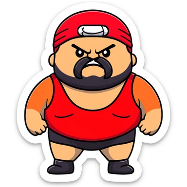 Close-up of morbidly obese white skin guy with young face, prominent BLACK DURAG tied clearly on head, distinct black beard and mustache, no muscle, black eyes in a red and black wrestling singlet with angry face sticker