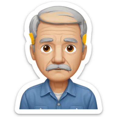 Old man with gray hair and mustache and working shirt. sad expression sticker