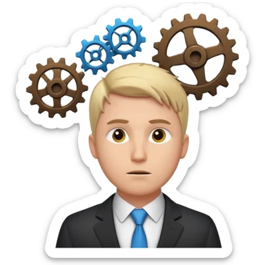 a man with gears turning above his head, deep in thought about a startup sticker