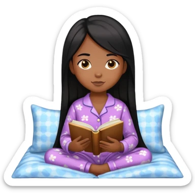 Menina de pele parda e cabelos pretos lisos e longos, está usando pijama e lendo um livro  sticker