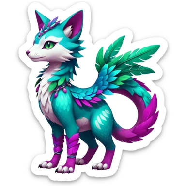 Kawaii cute colorful iridescent deep-dark-turquoise-green and magenta and white beautiful pretty elegant divine edgy feline-vernid-sergal-Fakémon-Pokémon-fursona-animal-creature with accessories, full body, with intricate detailed markings, feathers sticker