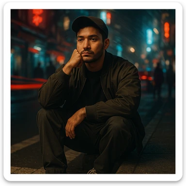 Create a cinematic night photo of a Southeast Asian man in his early 30s with medium tan (sawo matang) skin tone, sitting on the edge of a city sidewalk at night. He wears a dark bomber jacket over a plain oversized T-shirt, loose-fit cargo pants, worn-in sneakers, and a black baseball cap forward and slightly tilted. He sits with one knee up, one arm resting across it, the other hand propping up his head, chin on knuckles, staring blankly ahead, deep in thought. The urban background is chaotic and colorful with glowing neon signs, red and blue light streaks from cars, blurred pedestrians, and a spiral or radial motion blur effect. Cinematic lighting softly highlights his face with a warm glow, surroundings moody and dark, raw introspective neo-noir feel. Gritty textured ground with crosswalk lines and asphalt. Use the reference image for facial structure and vibe. sticker
