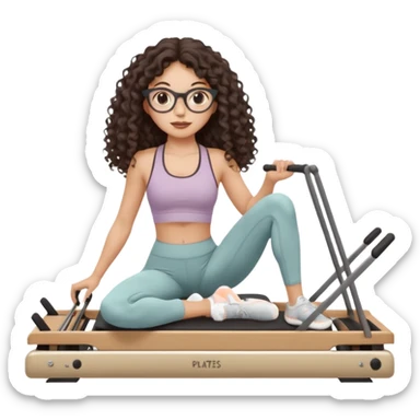 Memoji-style girl with long dark brown curly hair, round glasses, large brown eyes, soft rounded face,makeup, warm beige skin tone, wearing Pilates activewear performing Pilates and reformer Pilates exercises on a reformer machine, pastel color palette, smooth soft shading,latino sticker