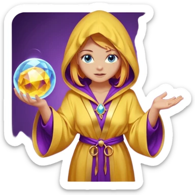 lightly tanned skin, blue eyes, cute and sexy girl with bright yellow-brown hair in a few shades of purple robe with hood, golden rings, slight cute makeup, full body, slightly turned aside pose, holding a magical ball (for future prediction) sticker