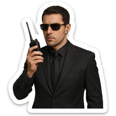 bodyguard holding a walkie-talkie, wearing black suit and sunglasses, alert expression sticker