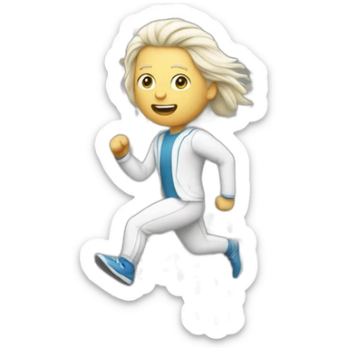 White man running, with white mid long hair, dressed with sport suit talking to the people sticker