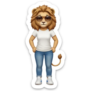 friendly anthropomorphised female lion character, full body, standing confidently with legs shoulder width apart and arms folded, wearing jeans, a white t-shirt, dark sunglasses, and trainers, with a confident smile sticker