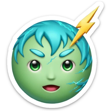 Uranus emoji with a face, blue-green planet, lightning bolts around it, wild and chaotic expression, representing unpredictability and transformation, Apple-style emoji sticker