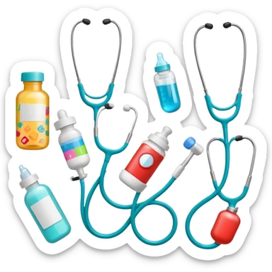 stethescope, heel lancet, medication, baby blood tubes, monitoring cables, baby bottle, cute scrapbooking paper,  sticker