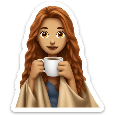 Auburn long haired girl in with a blanket and a latté coffe sticker