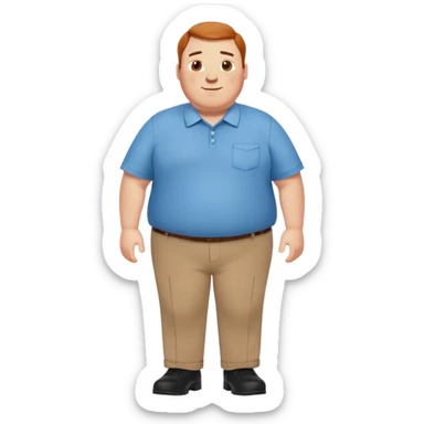 A cheerful overweight man with freckles, wearing a crisp blue shirt, brown trousers, and polished black shoes, standing confidently with a friendly smile. Simple, clean emoji style with warm colors. sticker