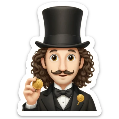 Jewish man with a long nose that sticks out a top hat slightly long curly hair and a penny in his hand sticker