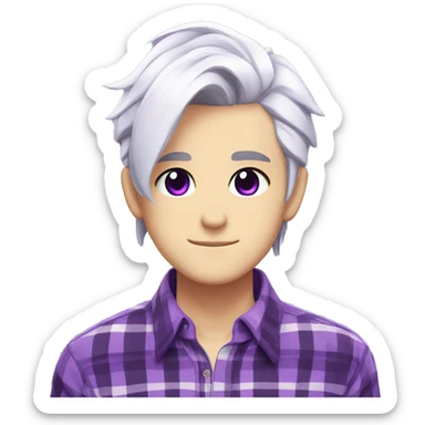 Anime boy with white hair and purple plaid shirt, purple eyes and earrings, emojis for twitch sticker