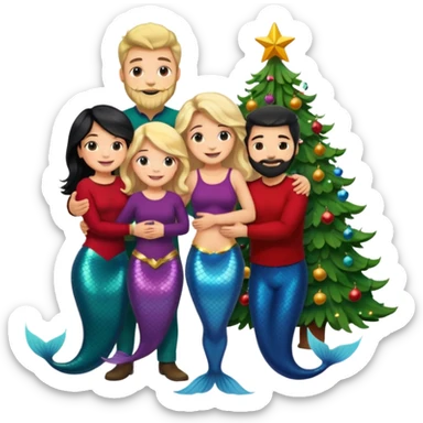 Generate Christmas-style emojis  family. Where light-skinned people stand near the tree all together, hugging and smiling.  girl should be Light-haired woman, mermaid woman, black-haired woman, and 1 man . Add 4 people: Mother, Sister, Sister, Brother  sticker