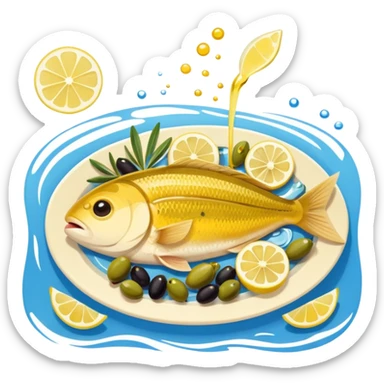Mediterranean cuisine humanless avatar in clean emoji-style illustration. Olive oil, fish, lemon, blue and sunny colors, light and fresh mood, flat design, high contrast. sticker