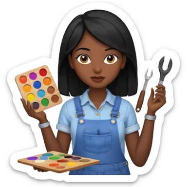 Créame emoji de una mujer que sea diseñadora industrial, pelo negra, piel morena, femenina con overol y una paleta de colores o herramientas de taller piel oscura chocolate cabello largo  sticker