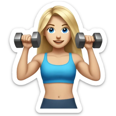 girl with brown hair with blonde highlights and light skin and blue eyes holding a dumbbell while having big arms and abs sticker
