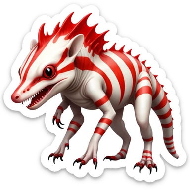 a translucent white red black striped exotic albino edgy vernid-fionbri-creature with splash patterns full body sticker