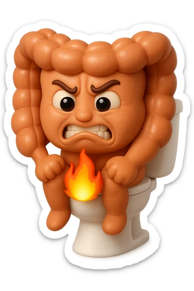 SU QUESTO STILE FAI UN EMOJI STILE IPHONE 3D DI UN INTESTINO CHE sta seduto sul wc e dal wc in mezzo alle sue gambe esce una fiamma stile emoji iphone, FAGLI UN ESPRESSIONE di dolore mentre si sforza E FALLO MOLTO REALISTICO IN 3D sticker