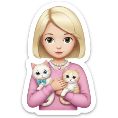 A girl, blond short hair, using pink sweater, there's a white bow in the middle of her sweater, and also in her blond hair. She brings a ragdoll cat, the cat using pearl pet necklace and pink bow sticker