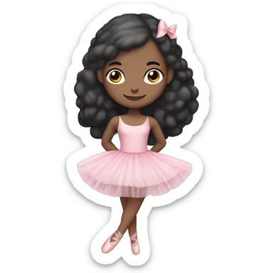 a ballerina with a cute pink tutu and has pale white skin with ballerina shoes and a bow on her head with black hair sticker