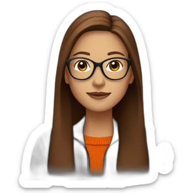 woman with light glasses with long straight brown hair waving wearing a dark orange sweater and black jacket sticker