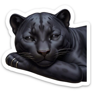 Meme-Worthy cute Sleeping black Panther Portrait Emoji, Head resting peacefully with a contented smile, showcasing a luxuriously sleek form and eyes gently closed in serene slumber, Simplified yet comically adorable features, highly detailed, glowing with a soft, drowsy dark light, high shine, relaxed and utterly lovable, stylized with an air of playful laziness, bright and heartwarming, soft glowing outline, capturing the essence of a sleeping black Panther that feels destined to become the next viral icon of adorable rest! sticker