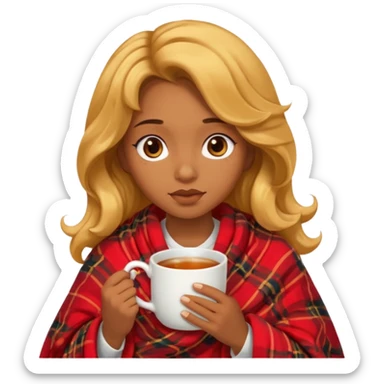 cute and sexy brown skin girl, golden wavy hair, sexy face expression, feeling sick, nose is red due to sickness, covered by blanket, holding tea mug in hands sticker