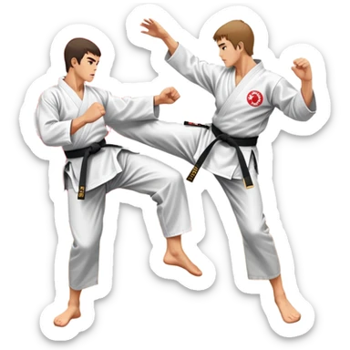 Two karate fighters in traditional gi sparring. One executes a high kick aimed at the opponent’s head, while the other blocks with a strong hand defense. The background features a classic dojo with wooden flooring and banners. Dynamic motion and focused expressions. Transparent background. sticker