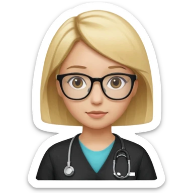 A girl in black scrubs with a blonde bob and glasses no stethoscope  sticker