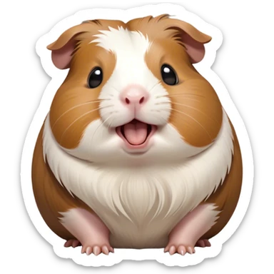 Cinematic Cute Yawning Brown and White Banded Guinea Pig Portrait Emoji, Head tilted slightly with a dramatic, wide-open yawn, revealing a soft, banded fur of brown and white with tiny, droopy ears, round dark eyes barely open in drowsy contentment, Simplified yet irresistibly adorable features, highly detailed, glowing with a soft, cozy glow, high shine, relaxed yet expressive, stylized with a touch of whimsy, bright and endearing, soft glowing outline, capturing the essence of a sleepy yet affectionate guinea pig, so drowsy it feels like it could stretch out of the screen and curl up for a nap! sticker