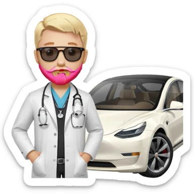 White tesla model 3 and one cool physician with blond hair, beard, stetoscope and dark sunglasses next to it sticker