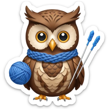 Owl holding blue yarn ball and knitting needles sticker